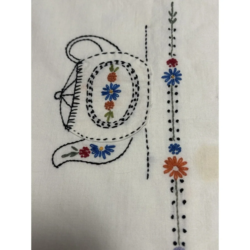 Vintage Square Tablecloth Handmade Embroidered Blue Teapot Tea Cottage 34
